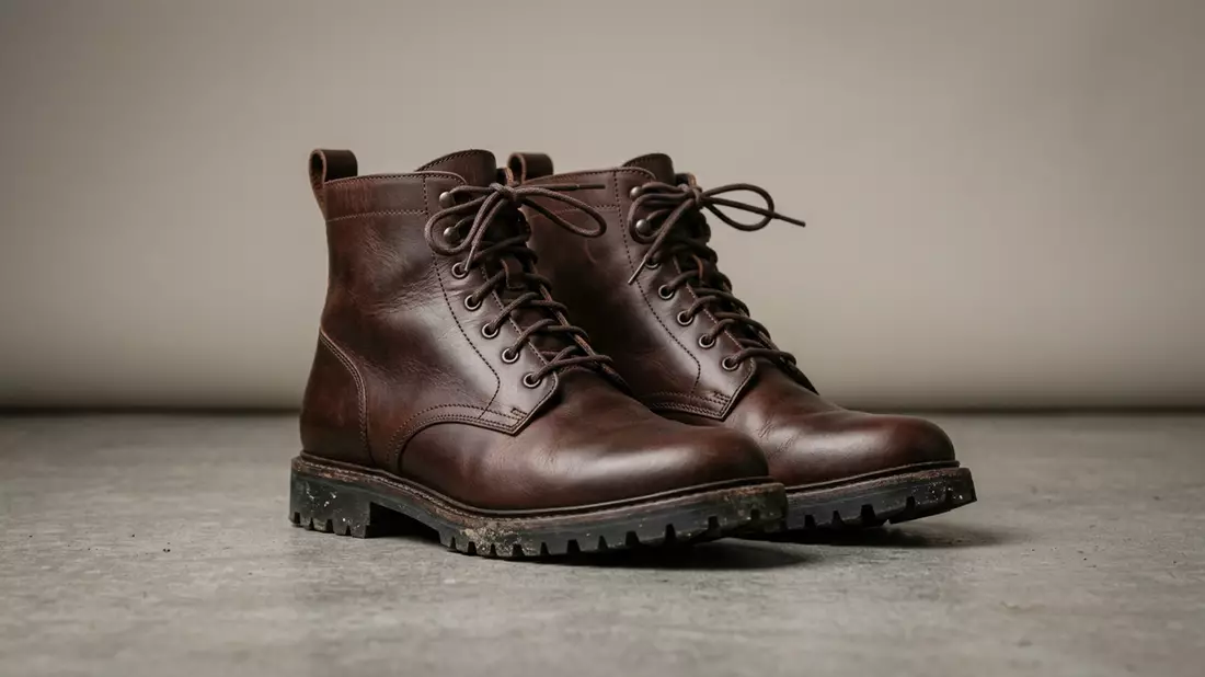 Fotorealistische Studioansicht von Lederstiefel in neutraler Produktdarstellung