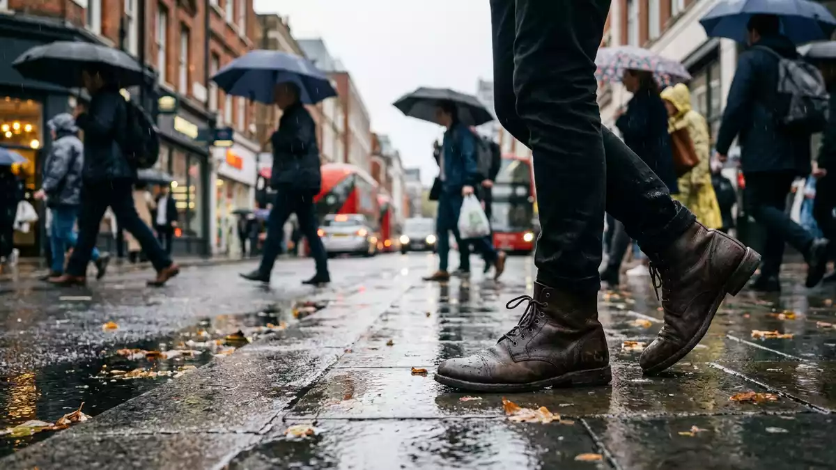 Fotorealistische Ansicht von Lederstiefel in der Stadt in realer Umgebung, neutral