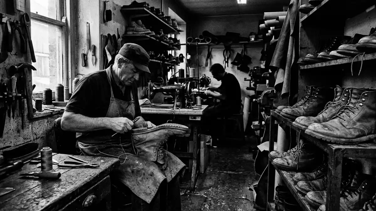 Schwarzweiss-Reportagebild mit Lederstiefel in dokumentarischer Arbeitsumgebung