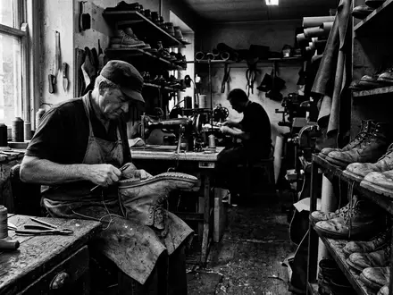 Schwarzweiss-Reportage mit Lederstiefel zum Thema Dr. Martens 1460 Boots, ISIN GB00BL6NGV24, hoher Kontrast - Foto: THN