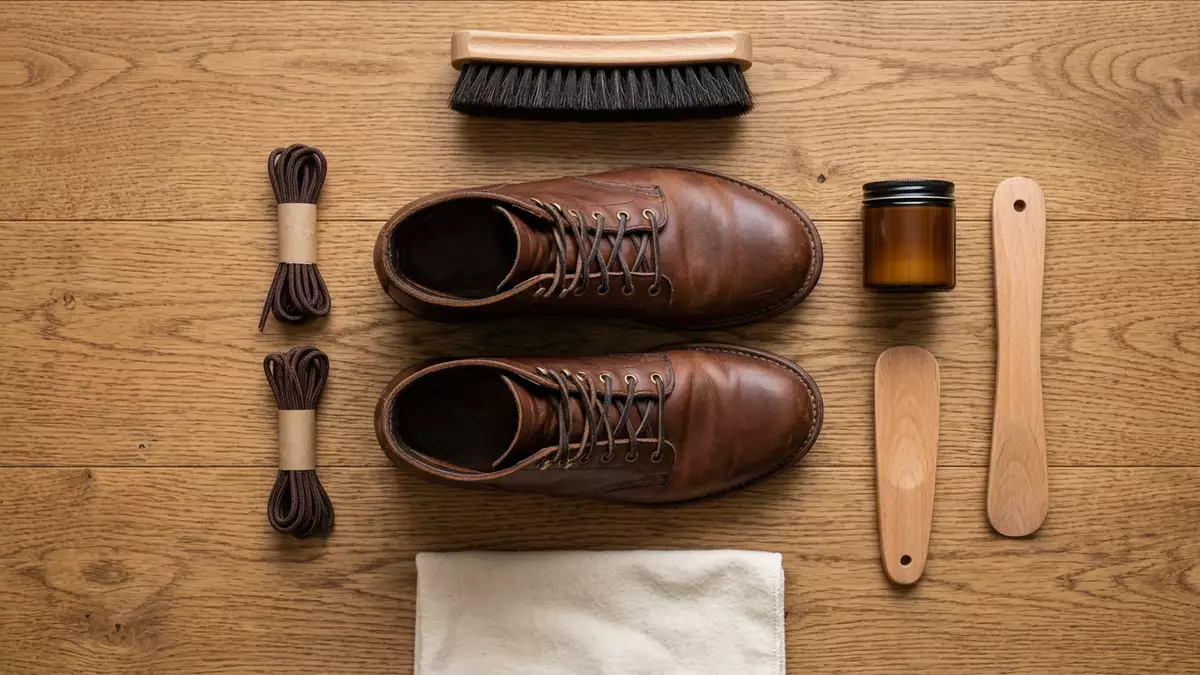 Flatlay-Arrangement rund um Lederstiefel mit passenden Requisiten von oben, neutral