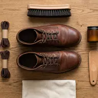 Flatlay-Arrangement rund um Lederstiefel zum Thema Dr. Martens 1460 Boots, ISIN GB00BL6NGV24, weiches Oberlicht - Foto: THN