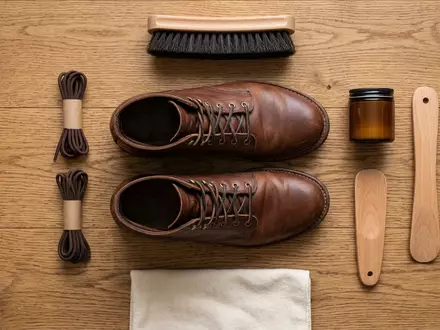 Flatlay-Arrangement rund um Lederstiefel zum Thema Dr. Martens 1460 Boots, ISIN GB00BL6NGV24, weiches Oberlicht - Foto: THN