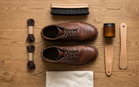 Flatlay-Arrangement rund um Lederstiefel zum Thema Dr. Martens 1460 Boots, ISIN GB00BL6NGV24, weiches Oberlicht - Foto: THN