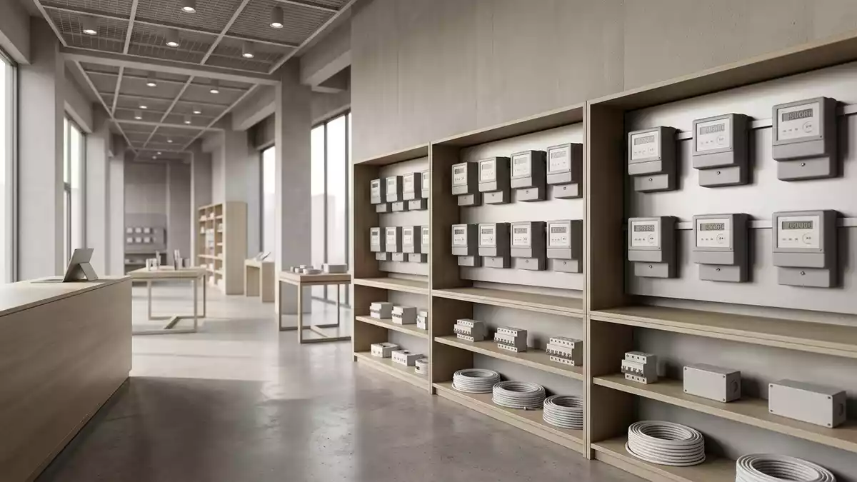 Architektur-Render im Elektrofachhandel mit Stromzähler im Ausstellungsbereich