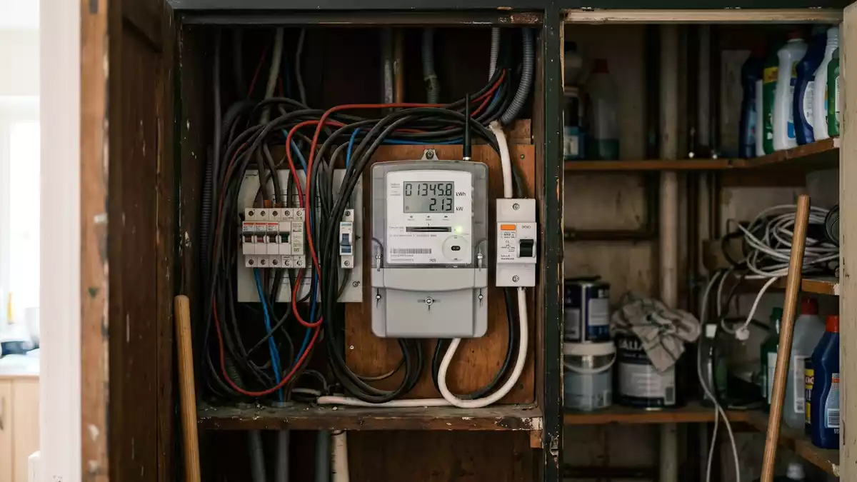 Fotorealistische Ansicht von Stromzähler im Hausanschlussraum in realer Umgebung