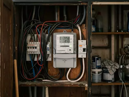 Fotorealistische Aufnahme von Stromzähler im Hausanschlussraum zum Thema Iberdrola Strom, ISIN ES0144580Y14, natuerliches Licht - Foto: THN