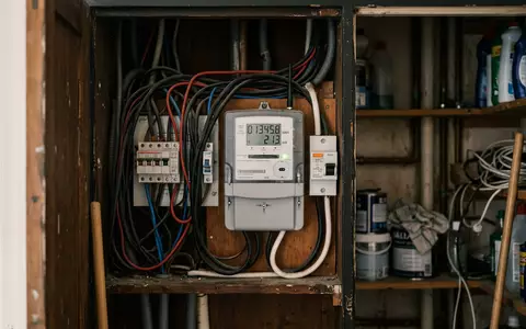 Fotorealistische Aufnahme von Stromzähler im Hausanschlussraum zum Thema Iberdrola Strom, ISIN ES0144580Y14, natuerliches Licht - Foto: THN