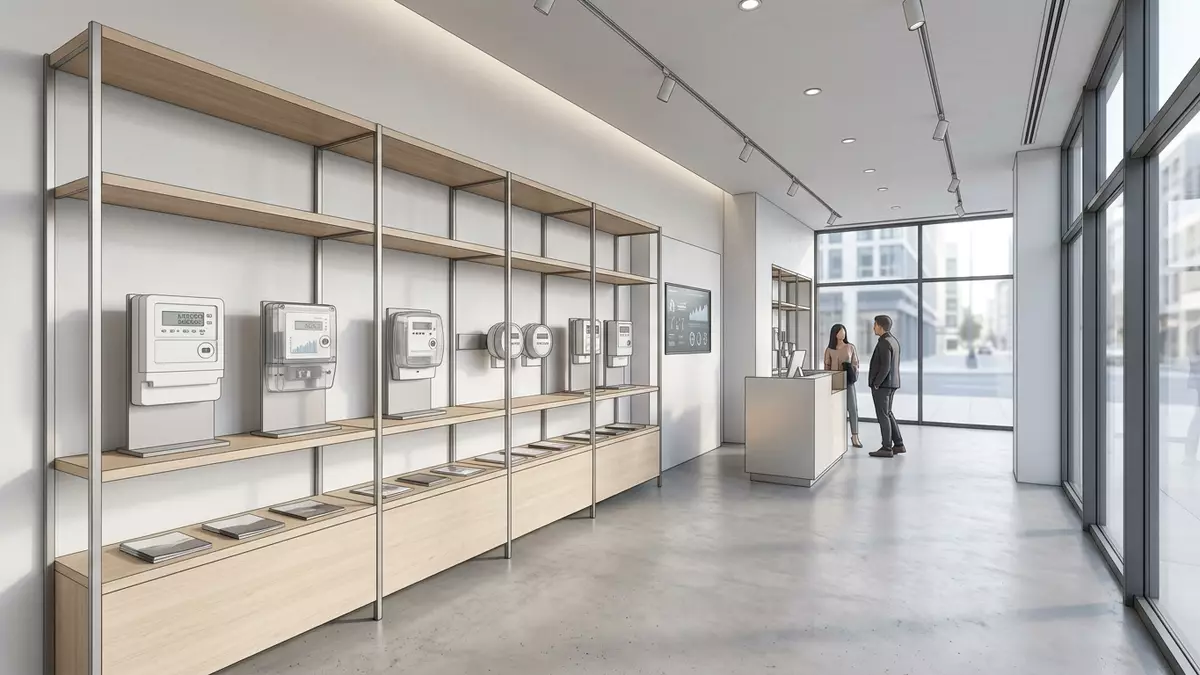 Architektur-Render im Energie-Fachhandel mit Stromzähler im Ausstellungsbereich