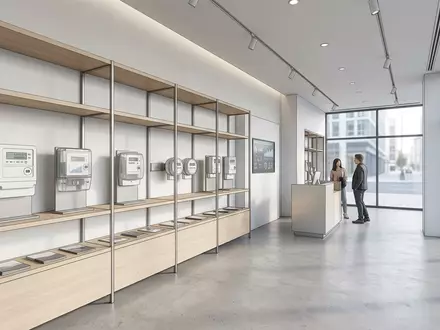 Architektur-Render im Energie-Fachhandel mit Stromzähler zum Thema Iberdrola Strom, ISIN ES0144580Y14, neutrales Tageslicht - Foto: THN