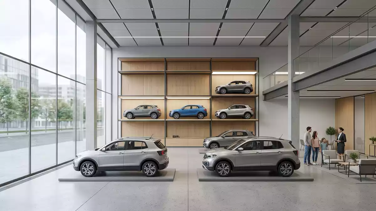 Architektur-Render im Autohaus mit Kompakt-SUV im Ausstellungsbereich, neutral
