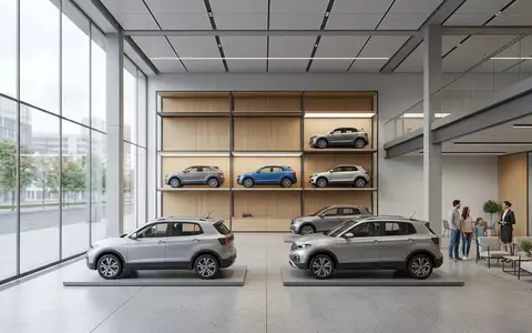 Architektur-Render im Autohaus mit Kompakt-SUV zum Thema Hyundai Tucson, ISIN KR7005380001, neutrales Tageslicht - Foto: THN