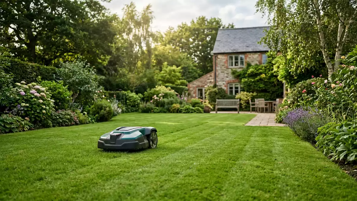 Fotorealistische Ansicht von Mähroboter im Garten in realer Umgebung, neutral