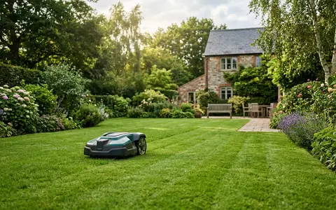 Fotorealistische Aufnahme von Mähroboter im Garten zum Thema Husqvarna Automower, ISIN SE0001662230, natuerliches Licht - Foto: THN
