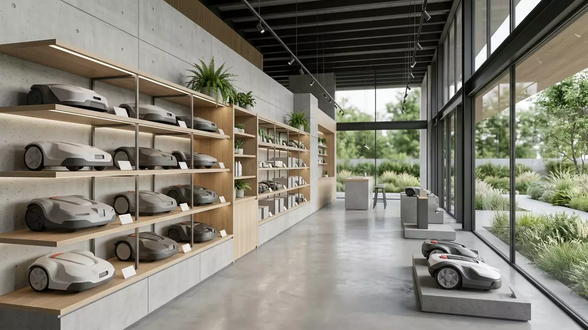 Architektur-Render im Gartenfachmarkt mit Mähroboter im Ausstellungsbereich, neutral