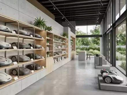 Architektur-Render im Gartenfachmarkt mit Mähroboter zum Thema Husqvarna Automower, ISIN SE0001662230, neutrales Tageslicht - Foto: THN