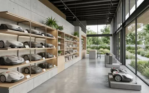 Architektur-Render im Gartenfachmarkt mit Mähroboter zum Thema Husqvarna Automower, ISIN SE0001662230, neutrales Tageslicht - Foto: THN