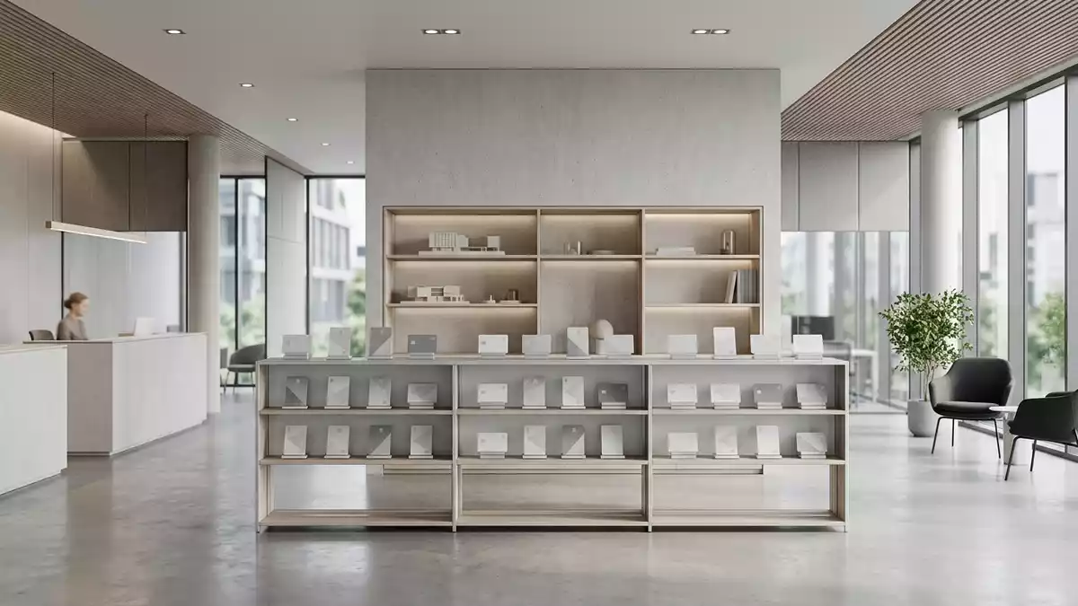 Architektur-Render im Bankfiliale mit Kreditkarte im Ausstellungsbereich, neutral