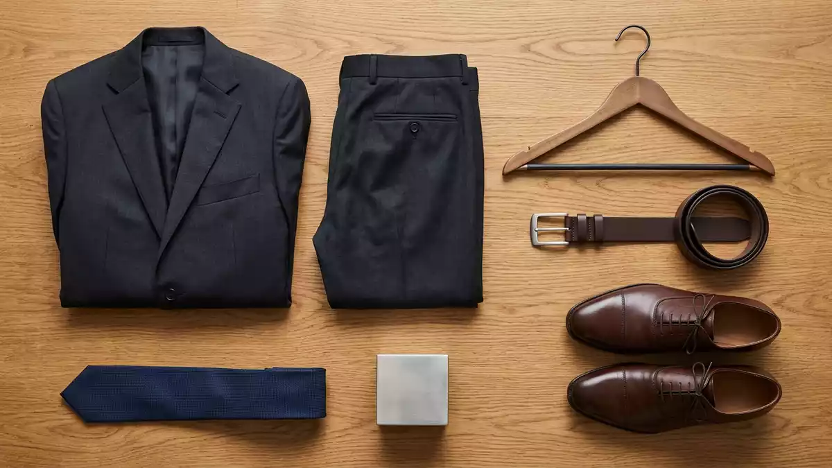 Flatlay-Arrangement rund um Herrenanzug mit passenden Requisiten von oben, neutral