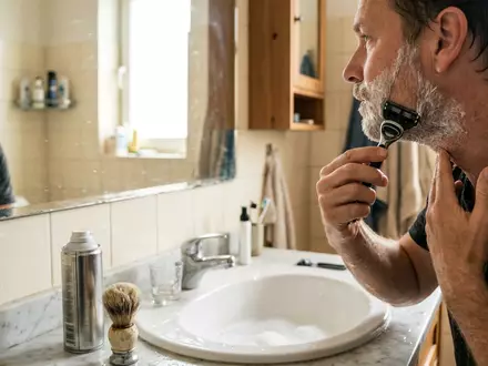 Fotorealistische Aufnahme von Systemrasierer beim Rasieren zum Thema Wilkinson Sword Rasierer, ISIN US28035Q1022, natuerliches Licht - Foto: THN