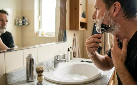 Fotorealistische Aufnahme von Systemrasierer beim Rasieren zum Thema Wilkinson Sword Rasierer, ISIN US28035Q1022, natuerliches Licht - Foto: THN