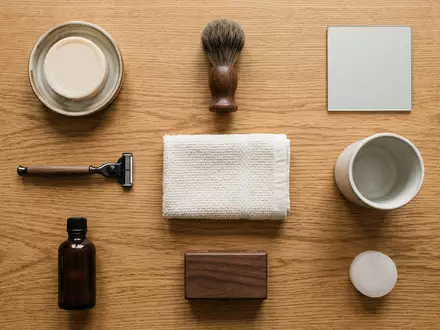 Flatlay-Arrangement rund um Systemrasierer zum Thema Wilkinson Sword Rasierer, ISIN US28035Q1022, weiches Oberlicht - Foto: THN