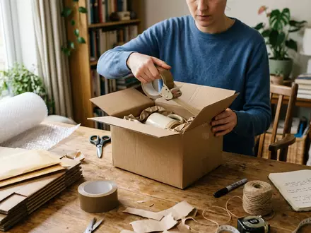 Fotorealistische Aufnahme von Versandkarton beim Versand zum Thema eBay Auktion, ISIN US2786421030, natuerliches Licht - Foto: THN