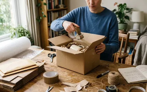 Fotorealistische Aufnahme von Versandkarton beim Versand zum Thema eBay Auktion, ISIN US2786421030, natuerliches Licht - Foto: THN