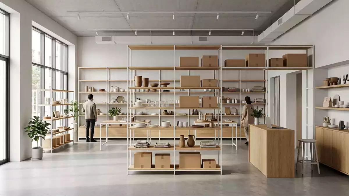 Architektur-Render im Gebrauchtwarenladen mit Versandkarton im Ausstellungsbereich