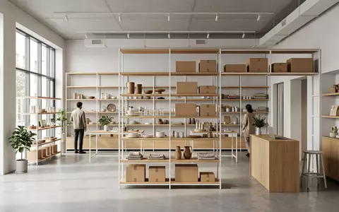 Architektur-Render im Gebrauchtwarenladen mit Versandkarton zum Thema eBay Auktion, ISIN US2786421030, neutrales Tageslicht - Foto: THN