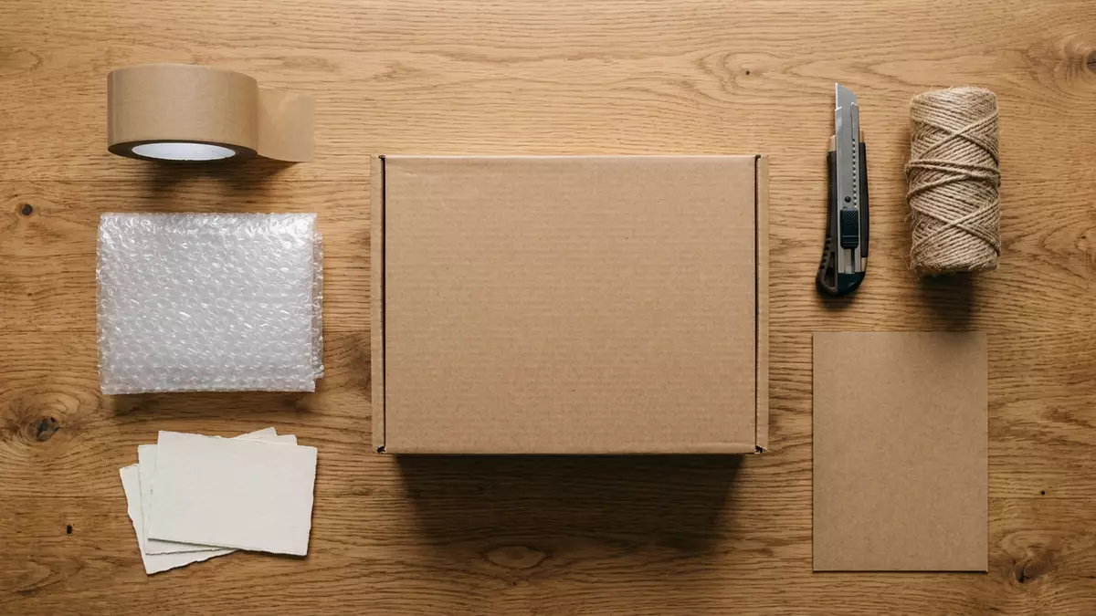 Flatlay-Arrangement rund um Versandkarton mit passenden Requisiten von oben, neutral