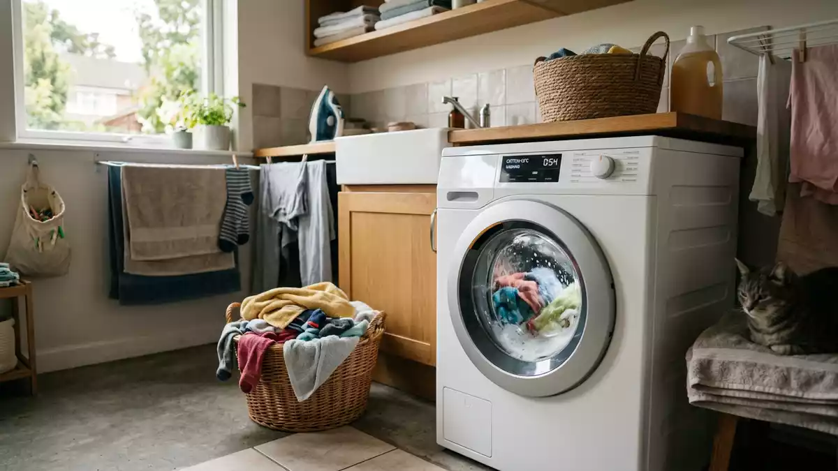 Fotorealistische Ansicht von Waschmaschine im Waschraum in realer Umgebung, neutral