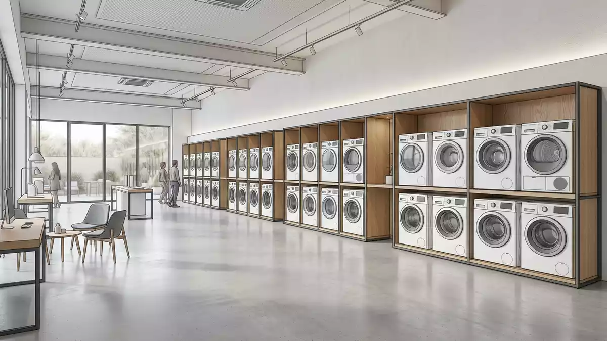 Architektur-Render im Elektrofachmarkt mit Waschmaschine im Ausstellungsbereich