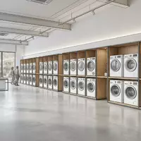Architektur-Render im Elektrofachmarkt mit Waschmaschine zum Thema AEG Waschmaschine, ISIN SE0000103814, neutrales Tageslicht - Foto: THN