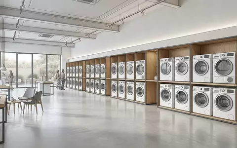Architektur-Render im Elektrofachmarkt mit Waschmaschine zum Thema AEG Waschmaschine, ISIN SE0000103814, neutrales Tageslicht - Foto: THN