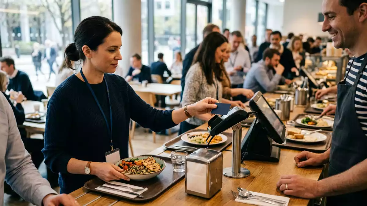 Fotorealistische Ansicht von Zahlungskarte in der Kantine in realer Umgebung, neutral