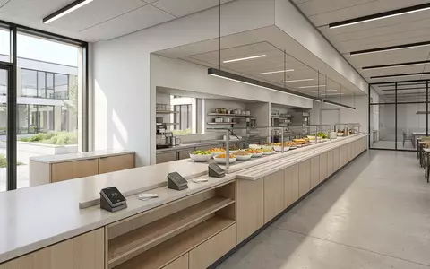 Architektur-Render im Betriebskantine mit Zahlungskarte zum Thema Ticket Restaurant, ISIN FR0010908533, neutrales Tageslicht - Foto: THN