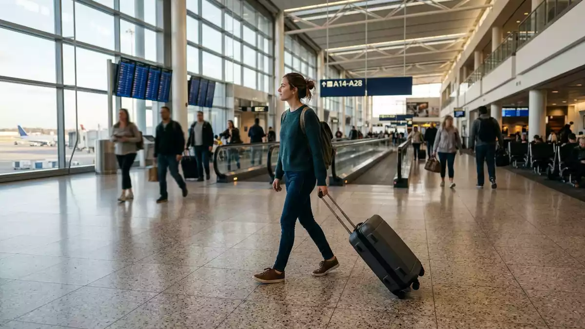 Fotorealistische Ansicht von Handgepäckkoffer auf Reisen in realer Umgebung, neutral