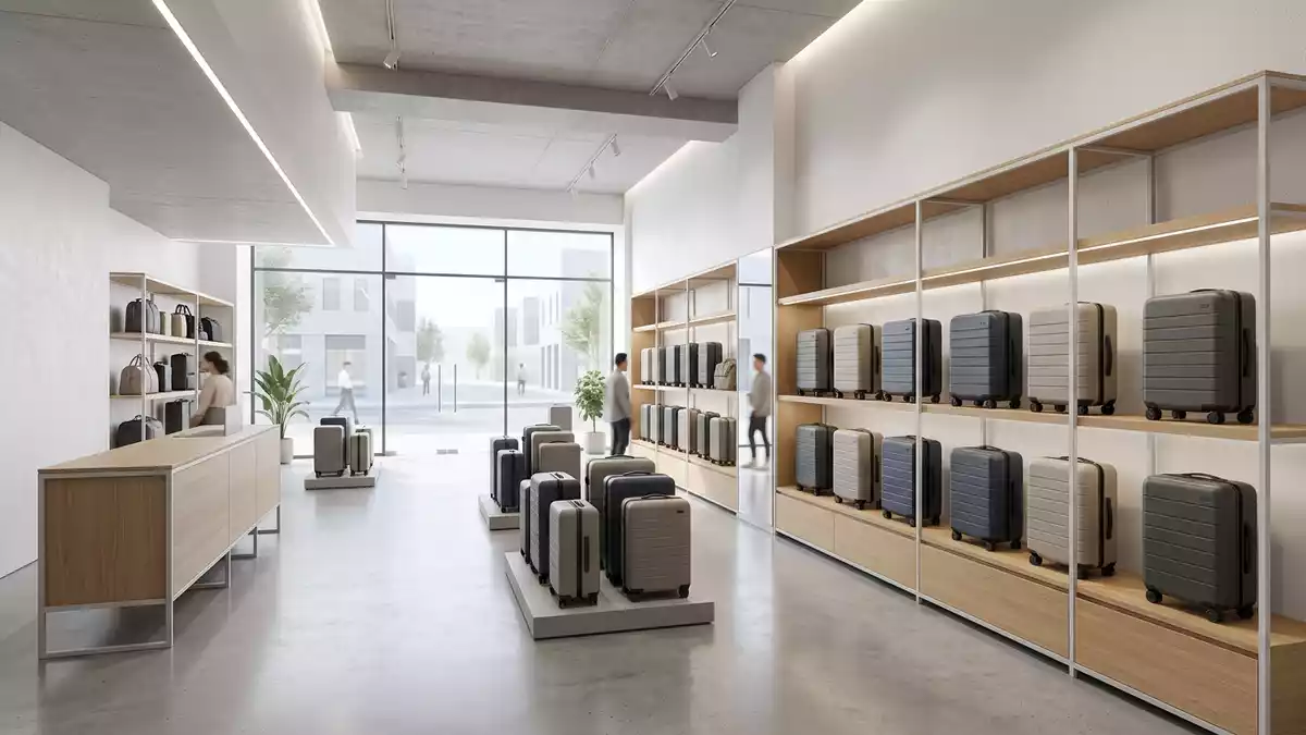 Architektur-Render im Reisegepäckhandel mit Handgepäckkoffer im Ausstellungsbereich