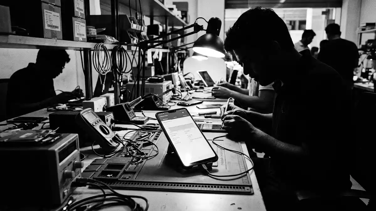 Schwarzweiss-Reportagebild mit Smartphone in dokumentarischer Arbeitsumgebung, neutral