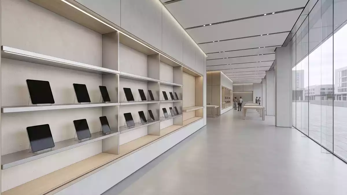 Architektur-Render im Elektronik-Fachmarkt mit Smartphone im Ausstellungsbereich