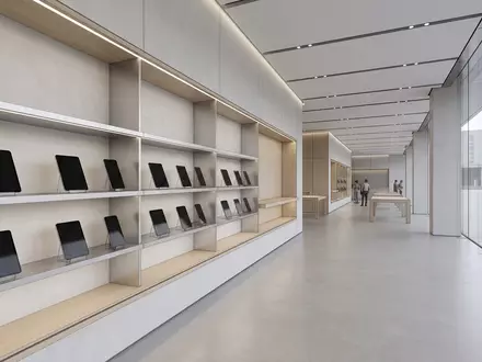 Architektur-Render im Elektronik-Fachmarkt mit Smartphone zum Thema Samsung Galaxy S24, ISIN KR7005930003, neutrales Tageslicht - Foto: THN