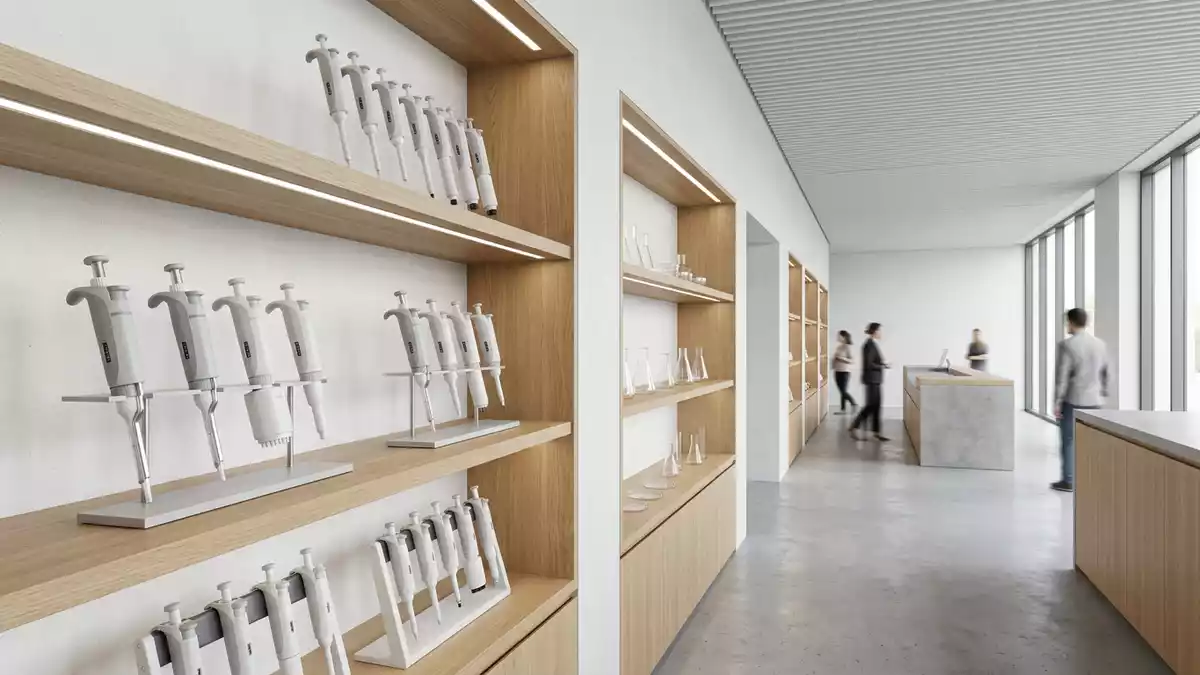 Architektur-Render im Laborfachhandel mit Laborpipette im Ausstellungsbereich, neutral