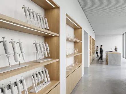 Architektur-Render im Laborfachhandel mit Laborpipette zum Thema Sartorius Pipette, ISIN FR0013154002, neutrales Tageslicht - Foto: THN