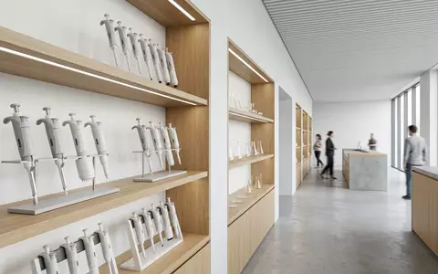 Architektur-Render im Laborfachhandel mit Laborpipette zum Thema Sartorius Pipette, ISIN FR0013154002, neutrales Tageslicht - Foto: THN