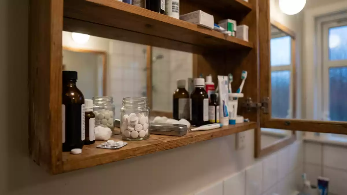 Fotorealistische Ansicht von Schmerztabletten zu Hause in realer Umgebung, neutral