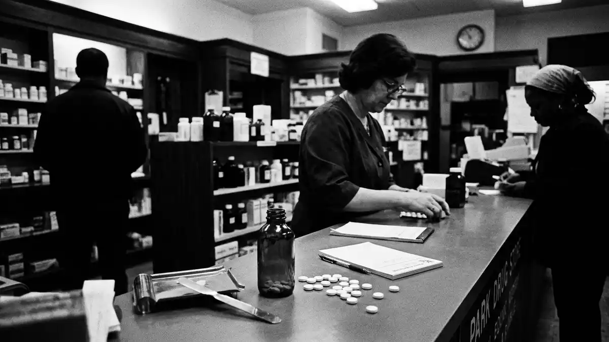 Schwarzweiss-Reportagebild mit Schmerztabletten in dokumentarischer Arbeitsumgebung