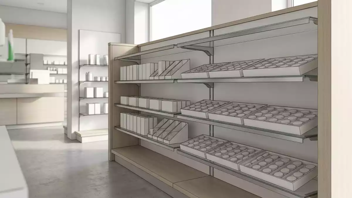 Architektur-Render im Apothekenfachhandel mit Schmerztabletten im Ausstellungsbereich