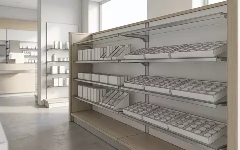 Architektur-Render im Apothekenfachhandel mit Schmerztabletten zum Thema Thomapyrin, ISIN FR0000120578, neutrales Tageslicht - Foto: THN