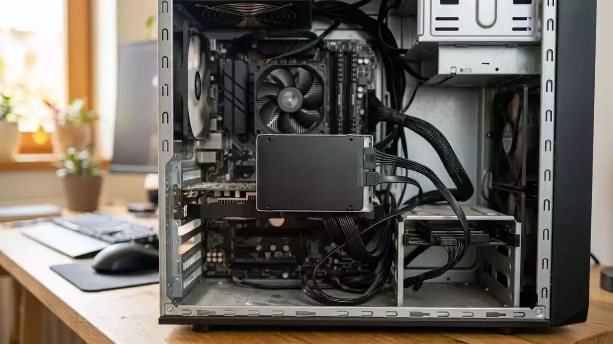 Fotorealistische Ansicht von Solid-State-Laufwerk am Computer in realer Umgebung